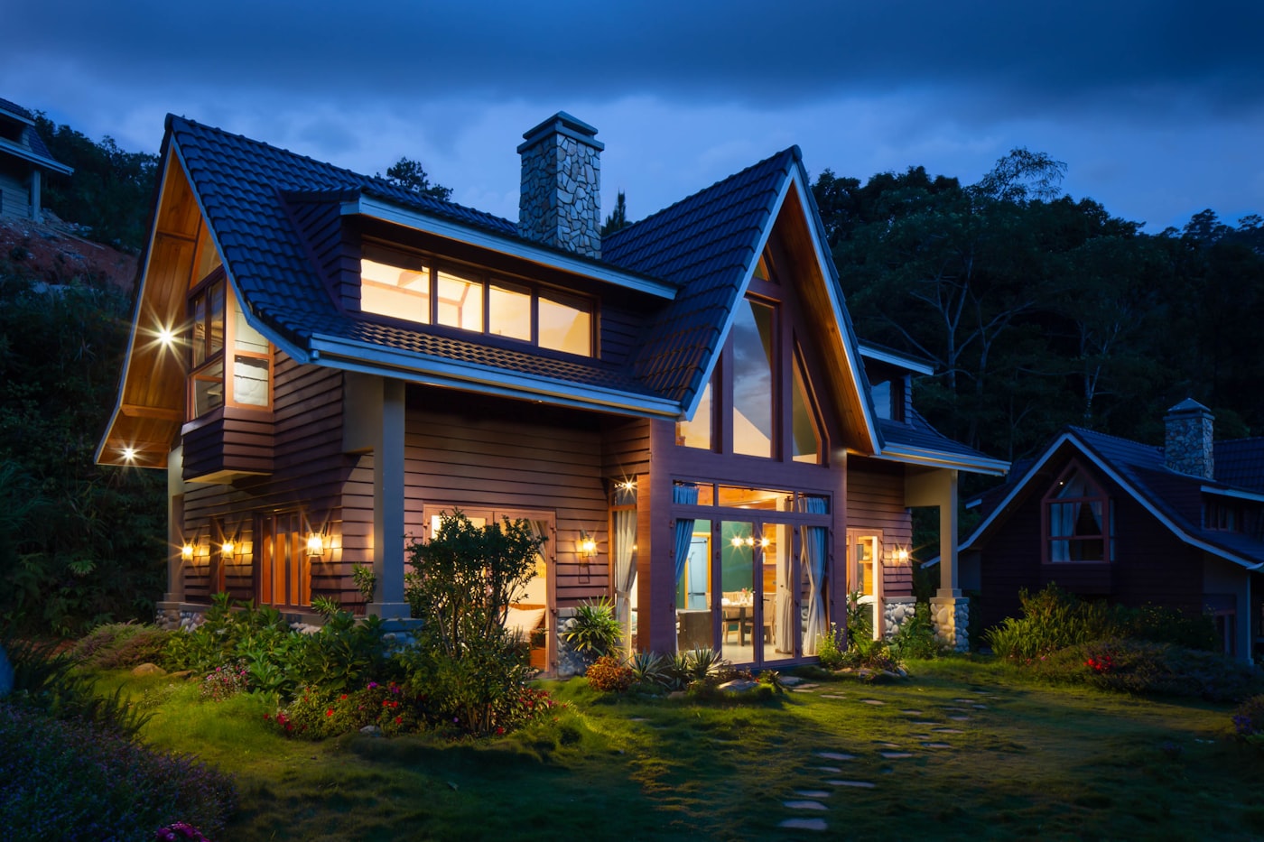 Protected suburban home at dusk