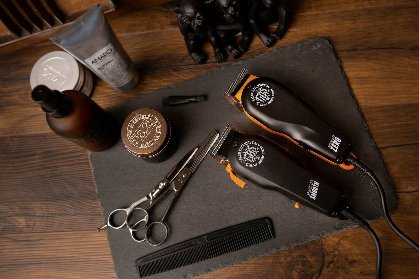 Grooming tools and straight razor flatlay