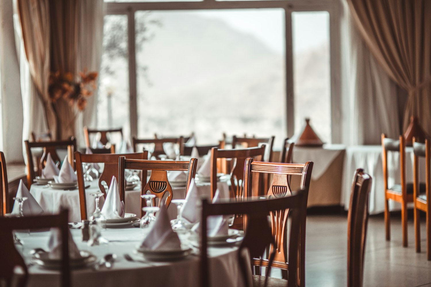 Warm steakhouse dining room